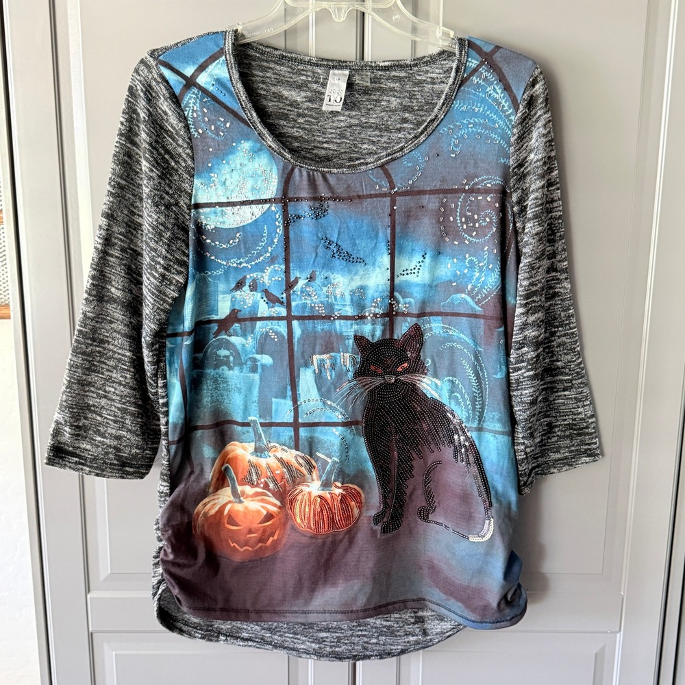 Thomas & Olivia Womens Halloween Sequin Black Cat 3/4 Sleeve Top ,Gray,M